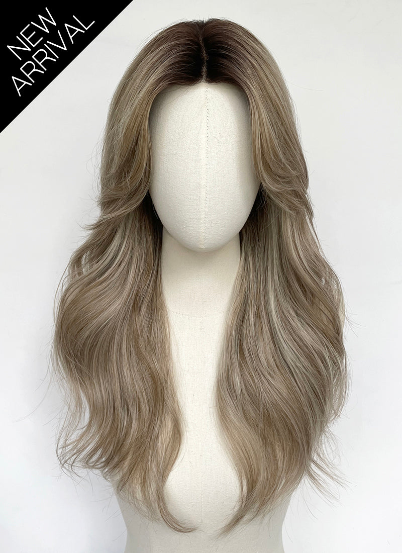 Ash Blonde With Dark Roots Wavy Mono Top Kanekalon Lace Wig MN023