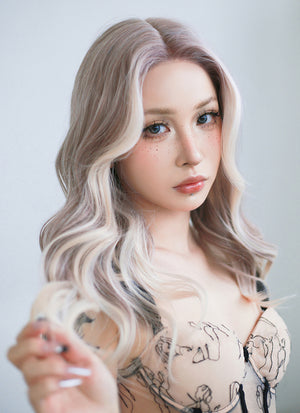 Ash Purple With Blonde Highlights Money Piece Wavy Lace Front Synthetic Wig LF3283