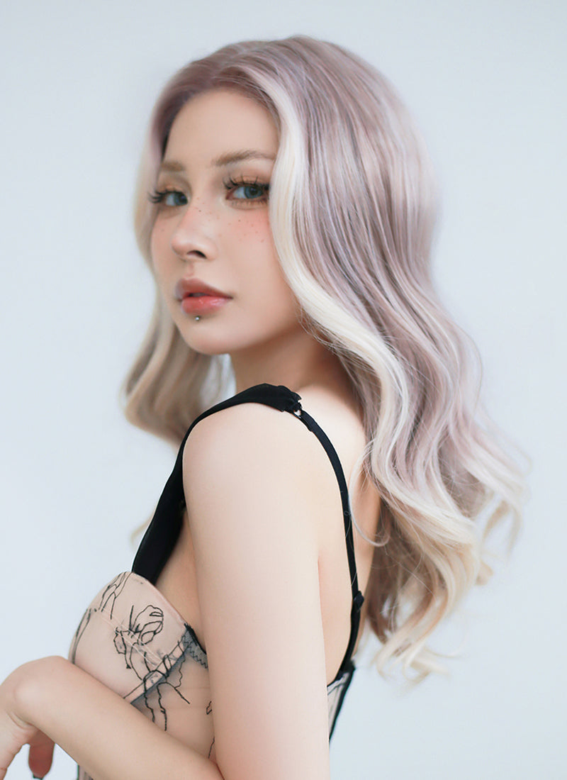 Ash Purple With Blonde Highlights Money Piece Wavy Lace Front Synthetic Wig LF3283