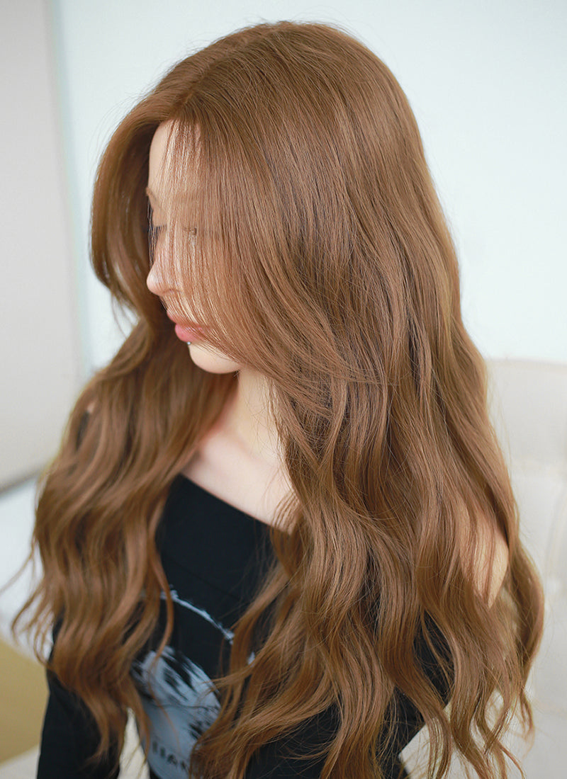 Brown Curtain Bangs Wavy Lace Front Synthetic Wig LF3294