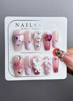 Pink Blushing Gradient Bow-Tie Cupid Heart Coffin Handmade Press-On Nails NF048