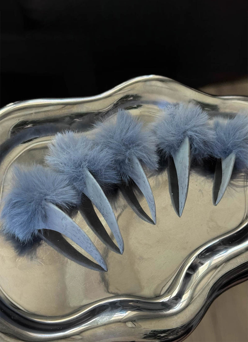 Frost Blue Furry 3D Wolf Cat Claws Handmade Press-On Nails NF074