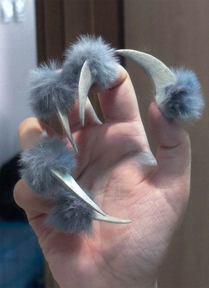 Frost Blue Furry 3D Wolf Cat Claws Handmade Press-On Nails NF074