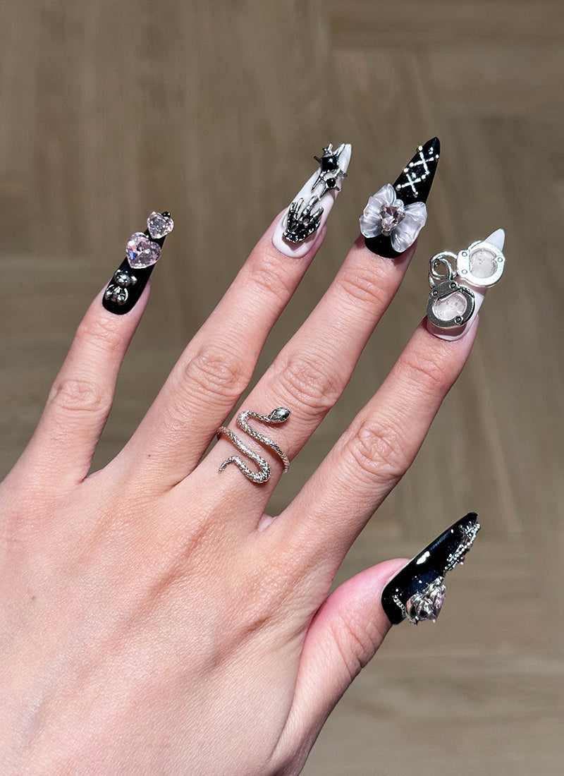 Edgy & Chic Almond Handmade Press-On Nails with Gothic Elegance NF084