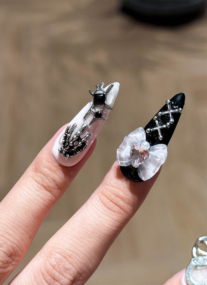 Edgy & Chic Almond Handmade Press-On Nails with Gothic Elegance NF084