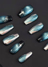 Dark Blue with Silver Shapes Luxury Coffin Handmade Press-On Nails NF085