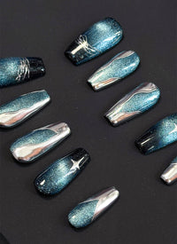 Dark Blue with Silver Shapes Luxury Coffin Handmade Press-On Nails NF085
