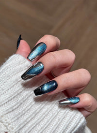 Dark Blue with Silver Shapes Luxury Coffin Handmade Press-On Nails NF085