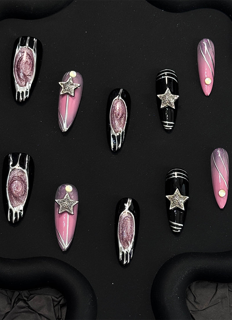 Edgy Black & Pink Sparkling Galaxy Almond Handmade Press-On Nails NF086