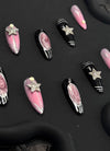Edgy Black & Pink Sparkling Galaxy Almond Handmade Press-On Nails NF086