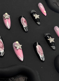 Edgy Black & Pink Sparkling Galaxy Almond Handmade Press-On Nails NF086