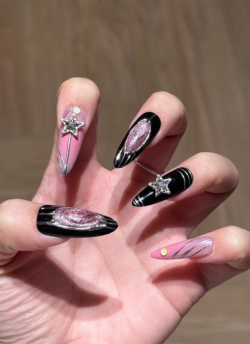 Edgy Black & Pink Sparkling Galaxy Almond Handmade Press-On Nails NF086