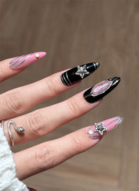 Edgy Black & Pink Sparkling Galaxy Almond Handmade Press-On Nails NF086