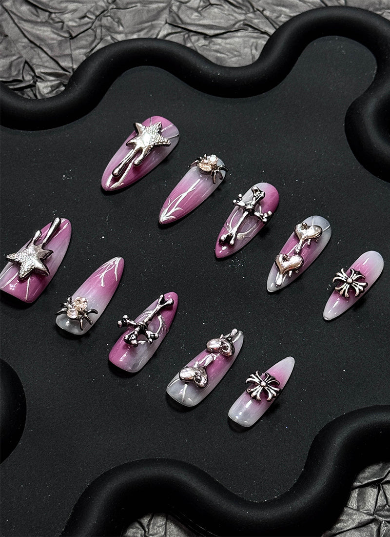 Pink with Gothic Spider Almond Handmade Press-On Nails NF087