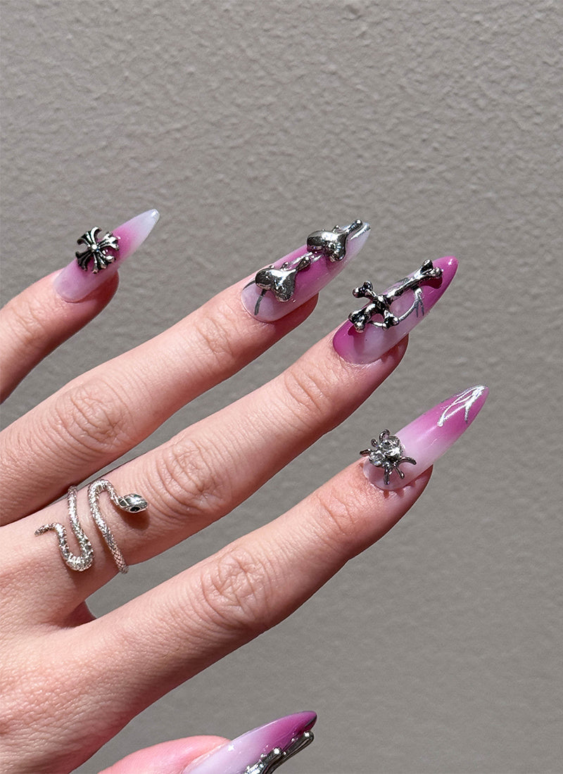 Pink with Gothic Spider Almond Handmade Press-On Nails NF087