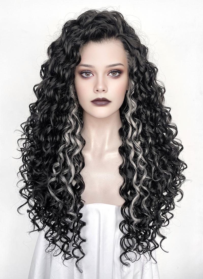 Black Mixed Silver Grey Curly Lace Front Synthetic Hair Wig LF1334