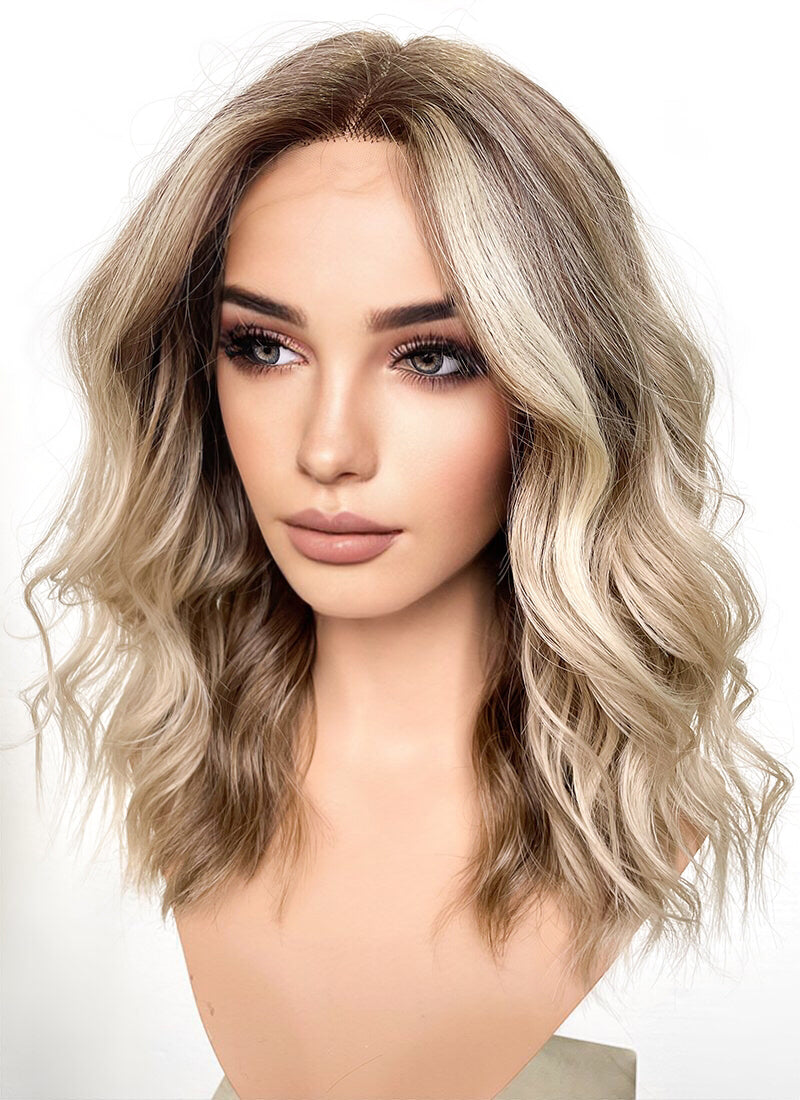 Balayage Blonde Highlights Money Piece Wavy Lace Front Kanekalon Synthetic Wig LF6001