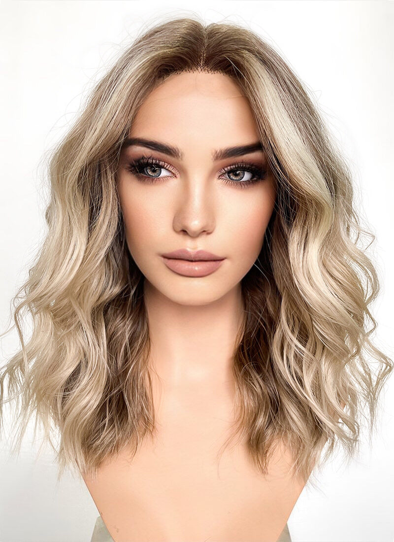 Balayage Blonde Highlights Money Piece Wavy Lace Front Kanekalon Synthetic Wig LF6001