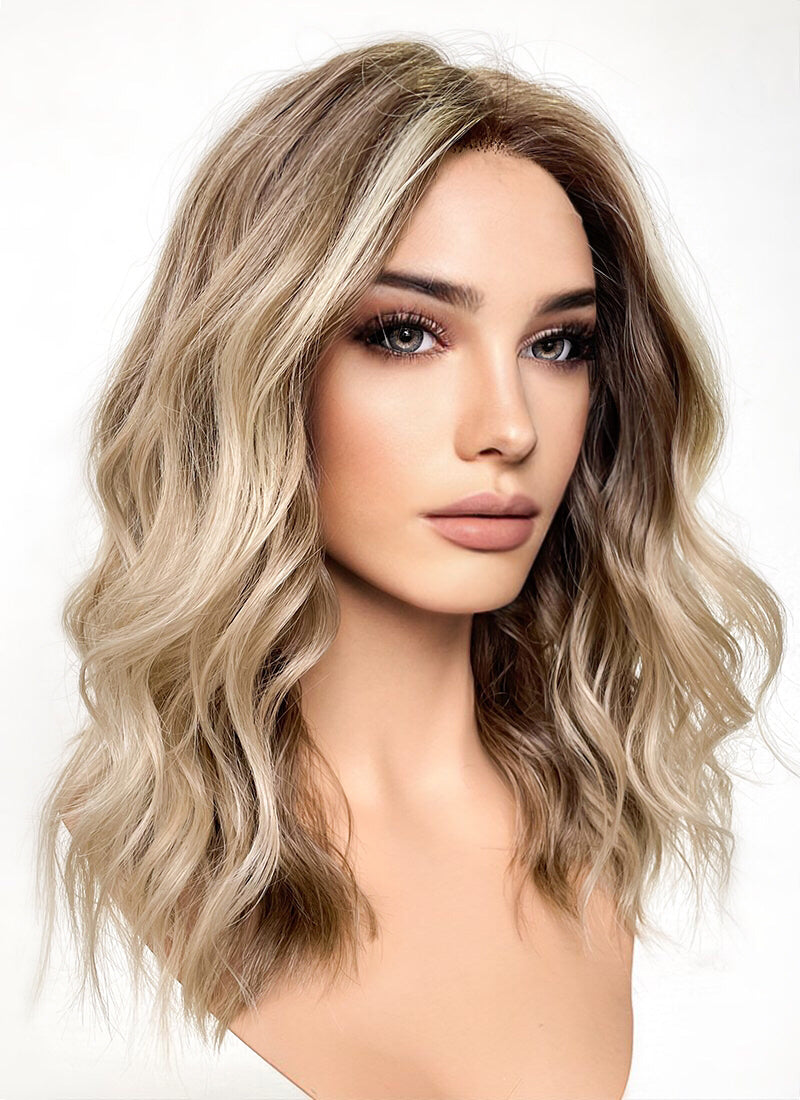 Balayage Blonde Highlights Money Piece Wavy Lace Front Kanekalon Synthetic Wig LF6001