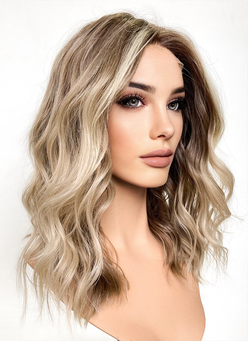 Balayage Blonde Highlights Money Piece Wavy Lace Front Kanekalon Synthetic Wig LF6001