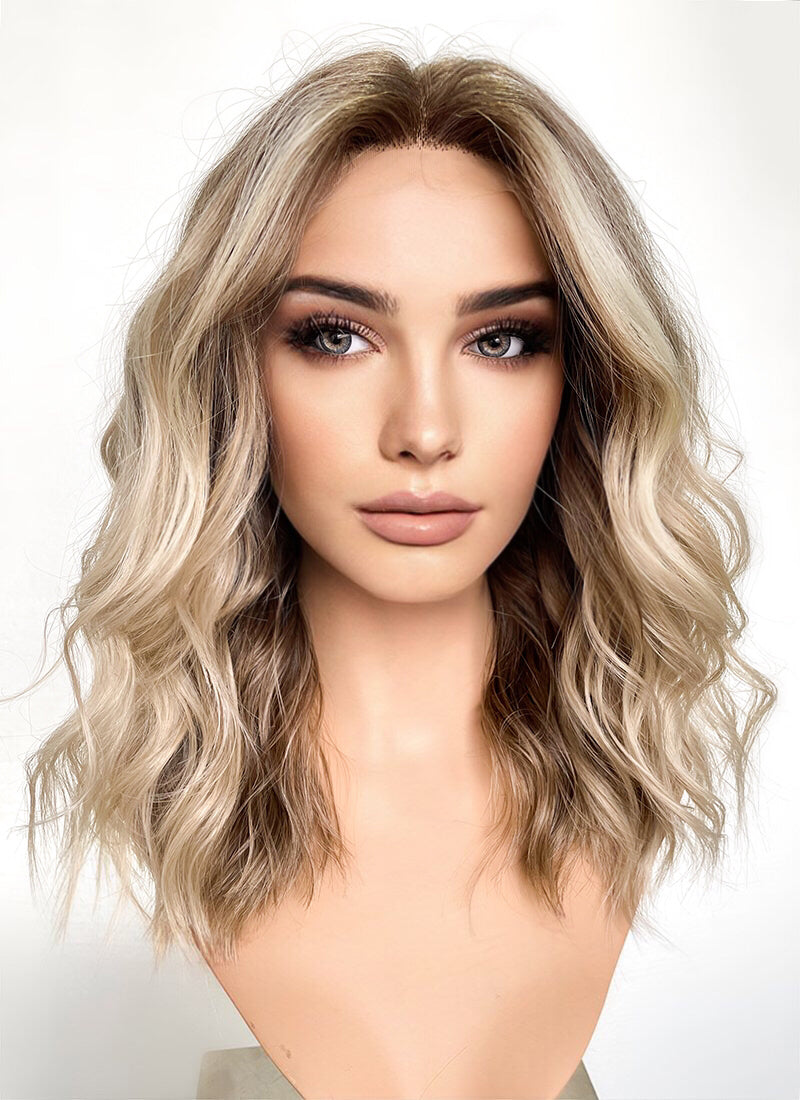 Balayage Blonde Highlights Money Piece Wavy Lace Front Kanekalon Synthetic Wig LF6001