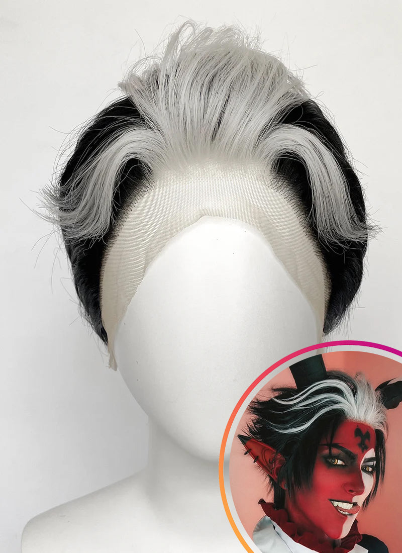 Helluva Boss Blitzo Buckzo Black And Silver White Money Piece Straight Lace Front Synthetic Men's Wig LF6065