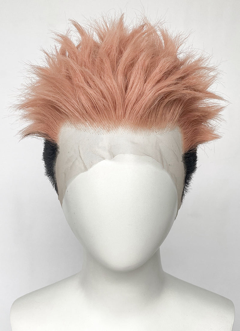 Jujutsu Kaisen Sukuna/Yuji Itadori Peach Pink Black Ombre Wavy Lace Front Synthetic Men's Wig LF6130