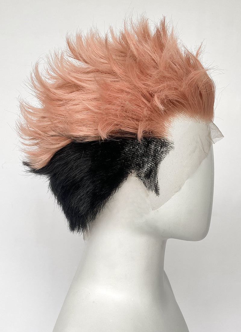 Jujutsu Kaisen Sukuna/Yuji Itadori Peach Pink Black Ombre Wavy Lace Front Synthetic Men's Wig LF6130