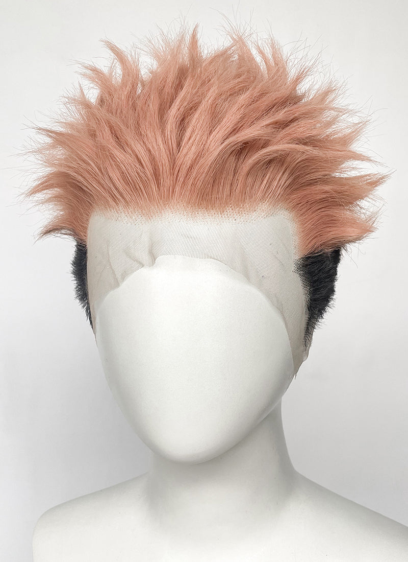 Jujutsu Kaisen Sukuna/Yuji Itadori Peach Pink Black Ombre Wavy Lace Front Synthetic Men's Wig LF6130