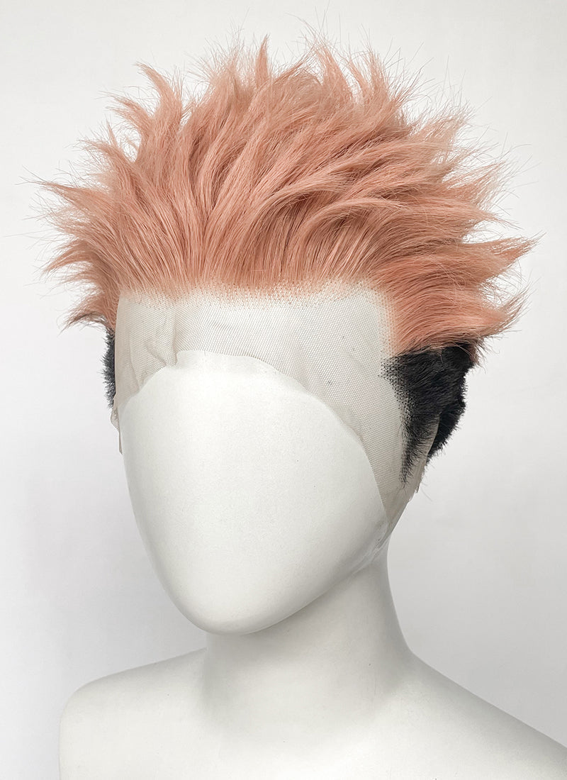 Jujutsu Kaisen Sukuna/Yuji Itadori Peach Pink Black Ombre Wavy Lace Front Synthetic Men's Wig LF6130