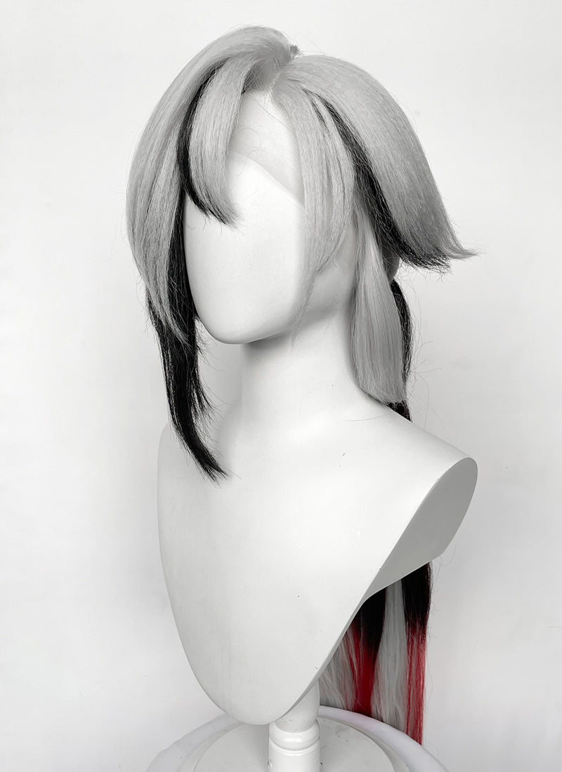 Genshin Impact Arlecchino Grey Black Red Brown Mixed Straight Yaki Lace Front Synthetic Wig LF6174