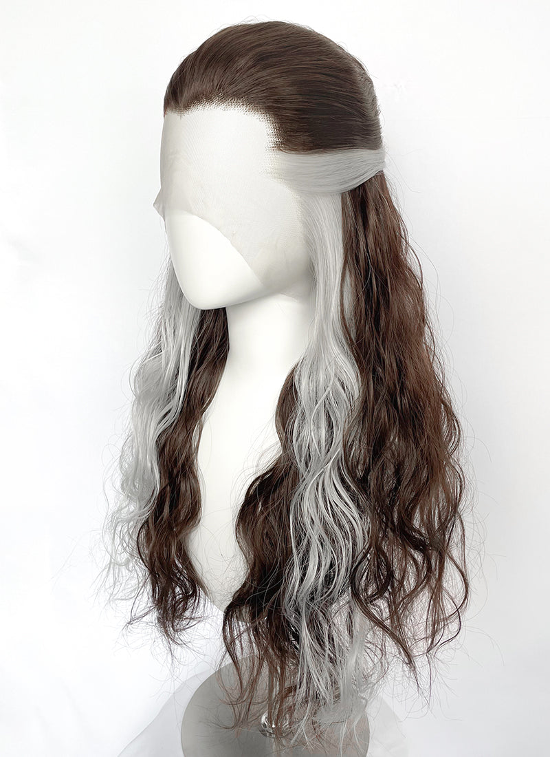 Brown Mixed Silver Grey Wavy Lace Front Synthetic Hair Wig LFK5603