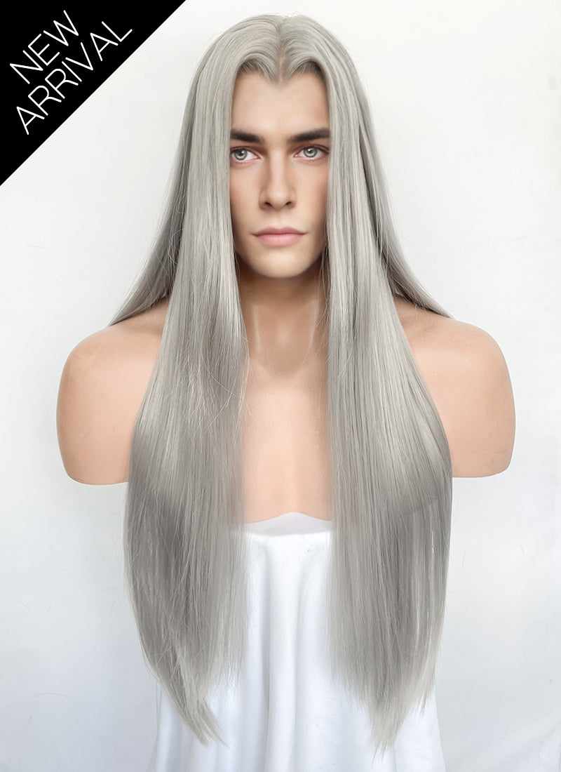 Pastel Blondish Grey Straight Lace Front Synthetic Hair Men's Wig LFM003