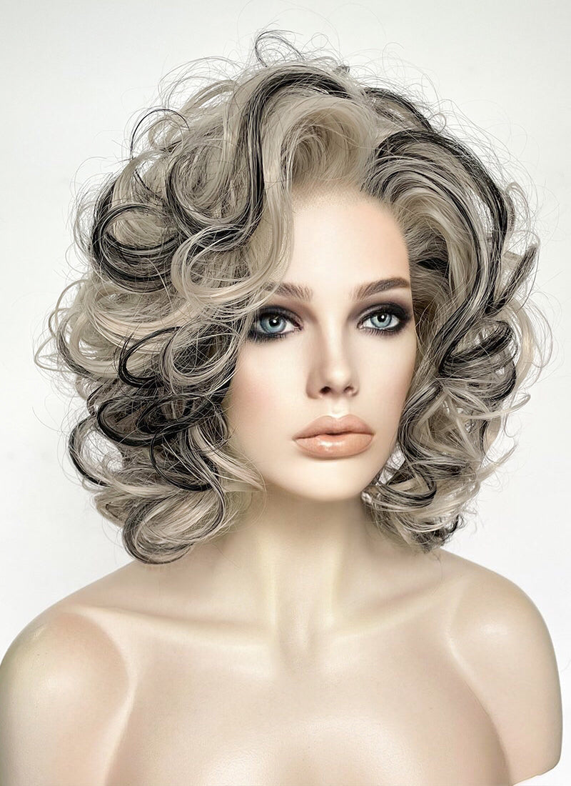 Pastel Blondish Grey Mixed Black Curly Lace Front Synthetic Hair Wig LN6034