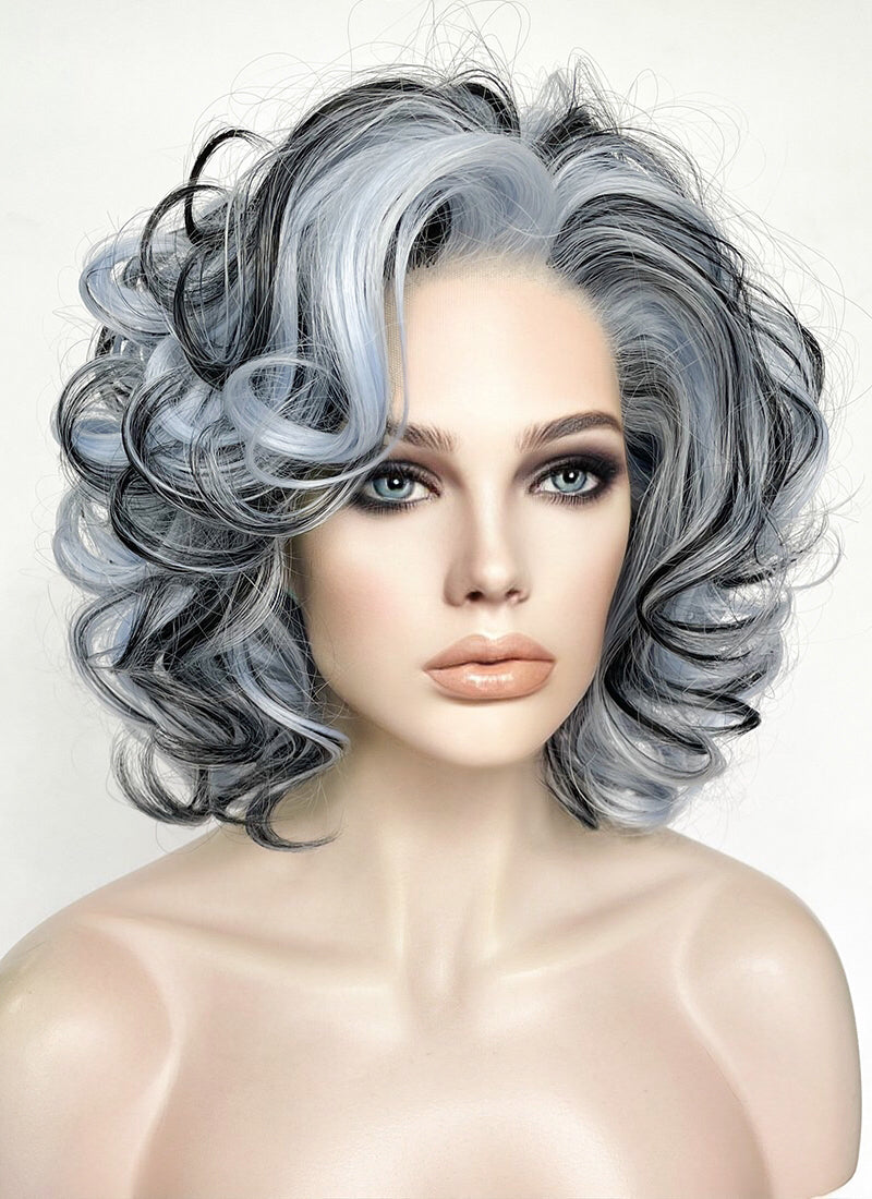 Pastel Blue Mixed Black Curly Lace Front Synthetic Hair Wig LN6035