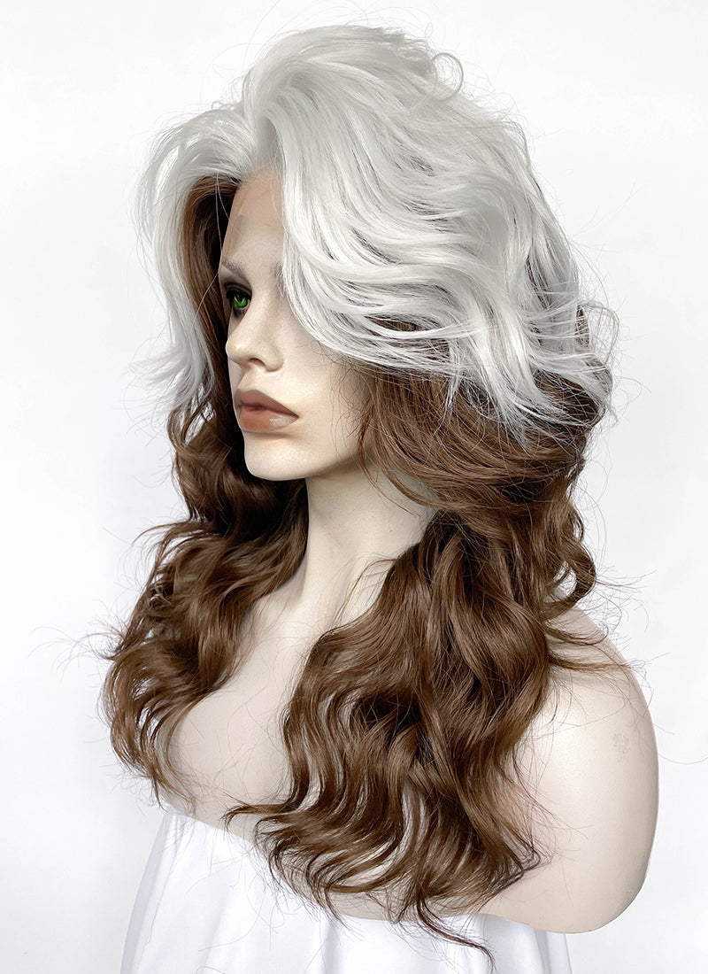 X-Men Rogue Silver White Mixed Brown Wavy Lace Front Synthetic Wig LW4109A
