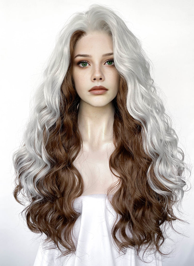 X-Men Rogue Silver White Mixed Brown Wavy Lace Front Synthetic Wig LW4109