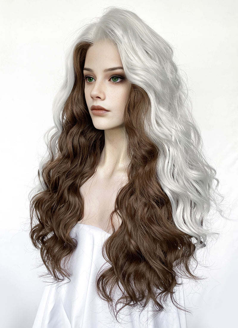 X-Men Rogue Silver White Mixed Brown Wavy Lace Front Synthetic Wig LW4109
