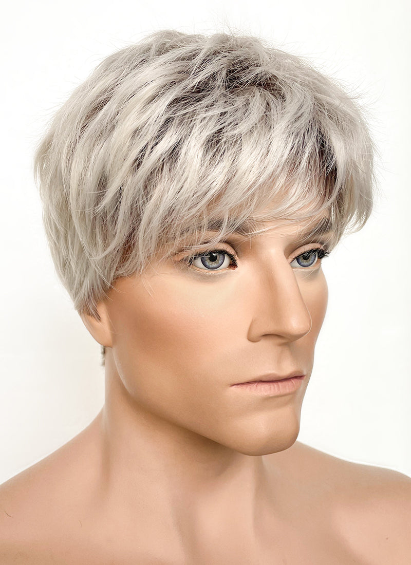 Ash Blonde With Dark Roots Straight Pixie Synthetic Men's Hair Wig NM021