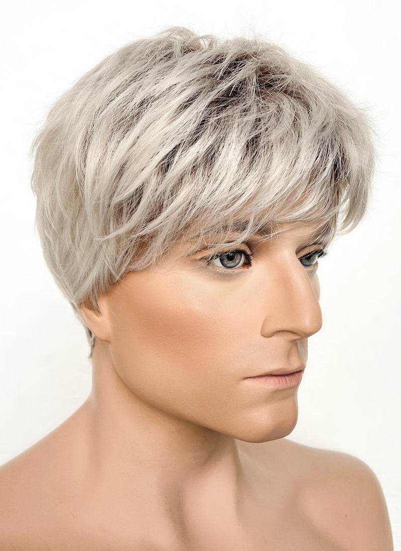 Ash Blonde With Dark Roots Straight Pixie Synthetic Men's Hair Wig NM021