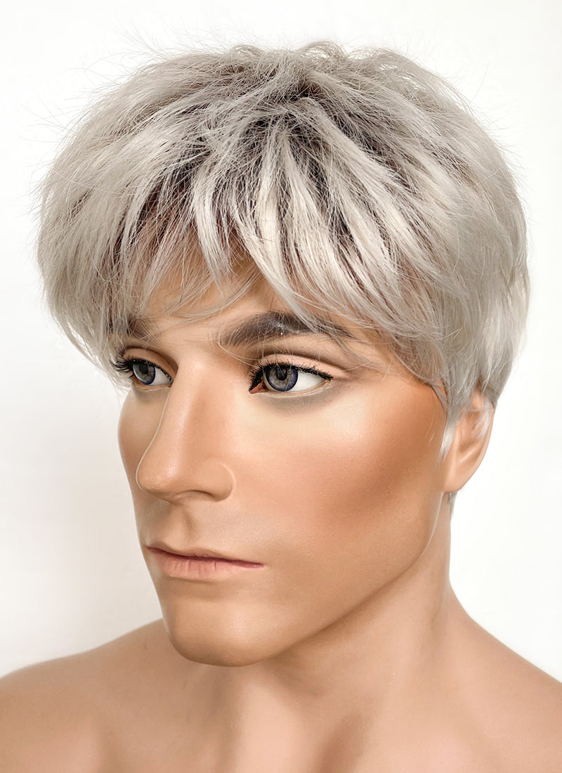 Ash Blonde With Dark Roots Straight Pixie Synthetic Men's Hair Wig NM021