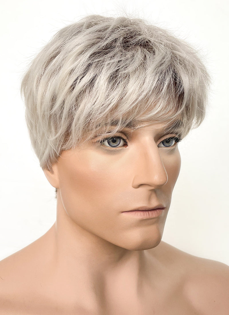 Ash Blonde With Dark Roots Straight Pixie Synthetic Men's Hair Wig NM021