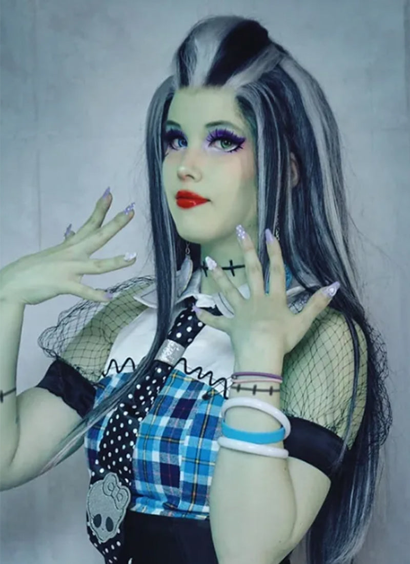 Monster High Frankie Stein Black With Silver Grey Highlights Straight Lace Front Synthetic Wig LW4030