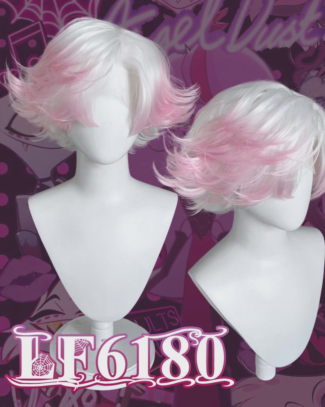 Hazbin Hotel Angel Dust White Mixed Pink Wavy Lace Front Synthetic Hair Wig LF6180