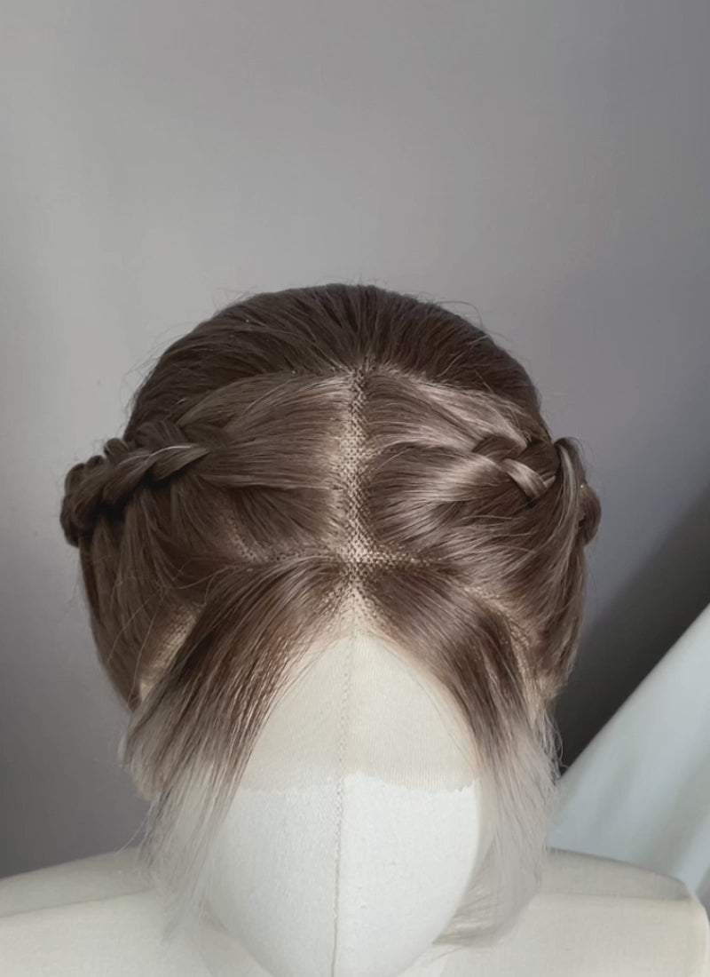 Fourth Wing Violet Sorrengail Brunette Silver Grey Ombre Braided Lace Front Synthetic Wig LF2519