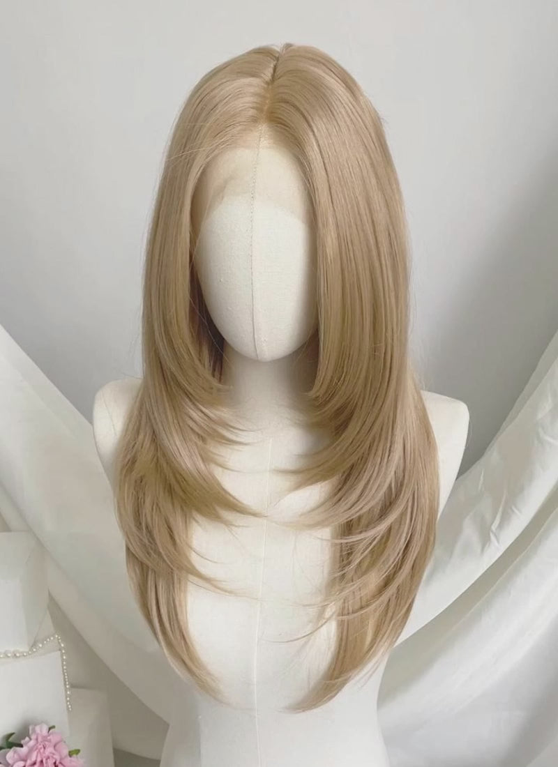Blonde Curtain Bangs Straight  Layered Hush Cut Lace Front Synthetic Hair Wig LF3332