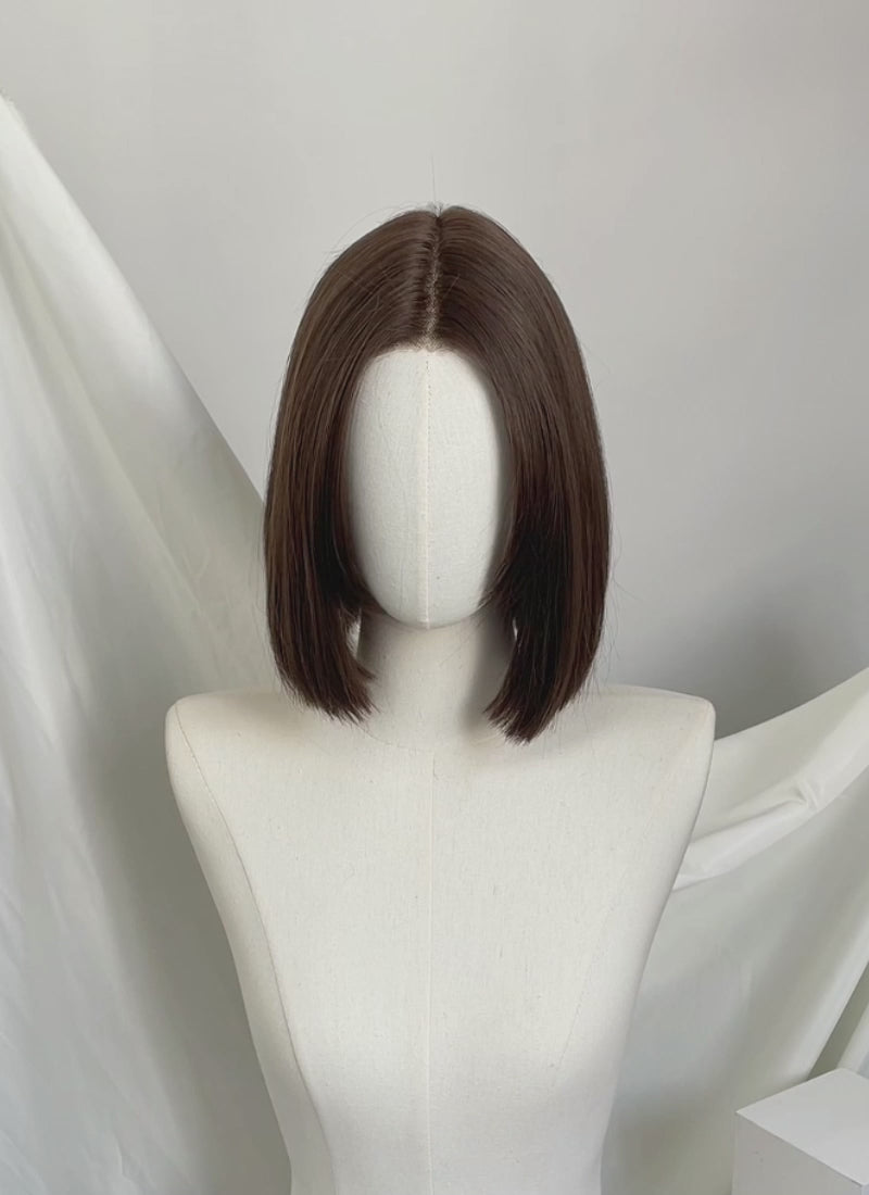 Brunette Curtain Bangs Straight Lace Front Synthetic Bob Hair Wig LF3322