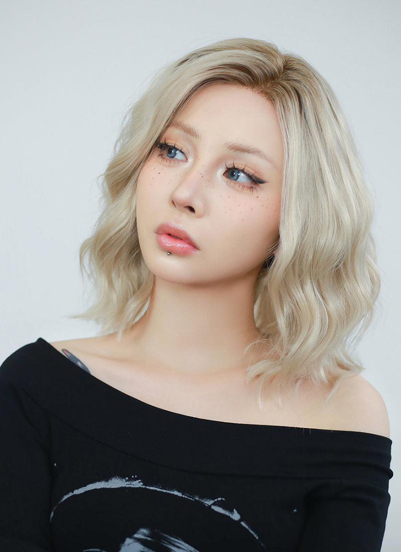 Ash Blonde With Brown Roots Wavy Bob Lace Front Synthetic Wig LF6006