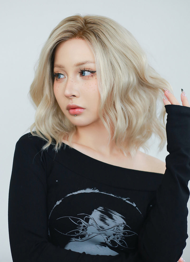 Ash Blonde With Brown Roots Wavy Bob Lace Front Synthetic Wig LF6006