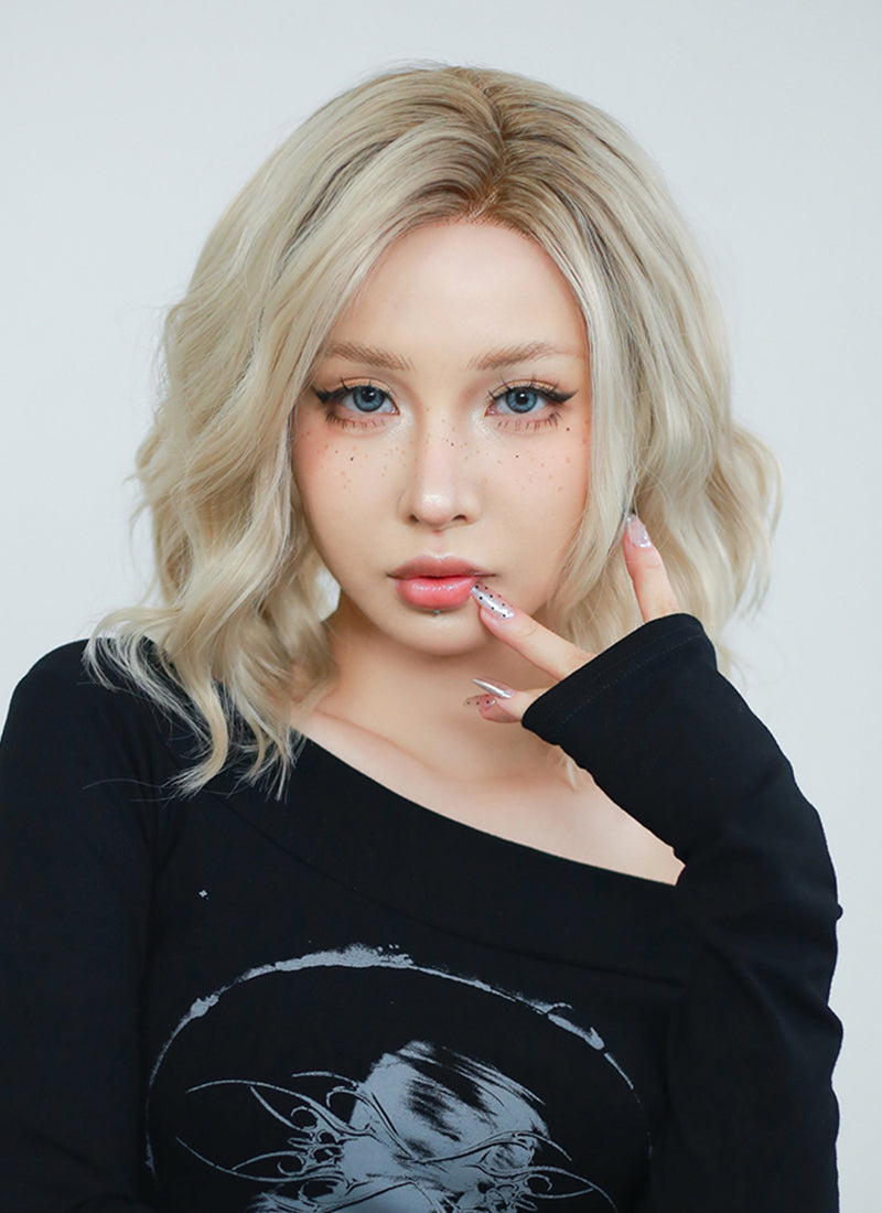 Ash Blonde With Brown Roots Wavy Bob Lace Front Synthetic Wig LF6006